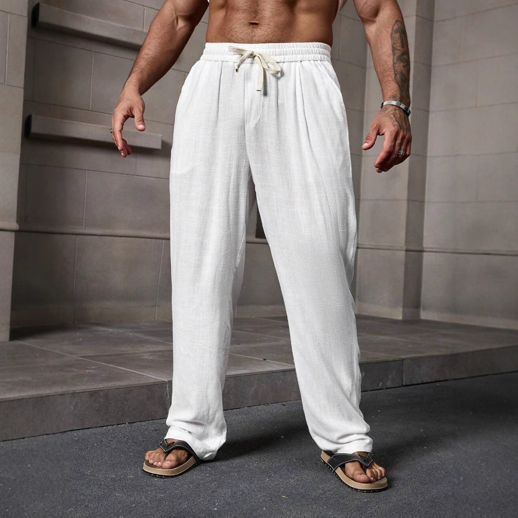  Pantaloni casuali degli uomini - miscela di lino di cotone - vestibilità sciolta - lunghezza - vita coulisse-1