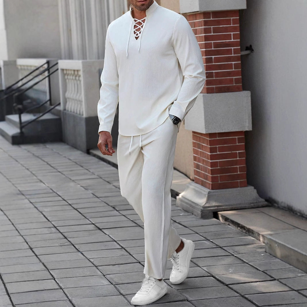 Shirt Henley maschile-miscela di lino di cotone-petto allacciato-Fit rilassato-Collar a banda-4