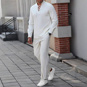  Shirt Henley maschile-miscela di lino di cotone-petto allacciato-Fit rilassato-Collar a banda-4