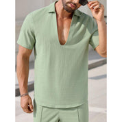  Set a due pezzi maschili-miscela di lino-Fit rilassato-camicia a V e pantaloni a figura intera-3
