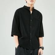  Camicia da uomo - miscela di cotone in lino - Fit rilassato - collare a banda - 7/8 manica casual-3