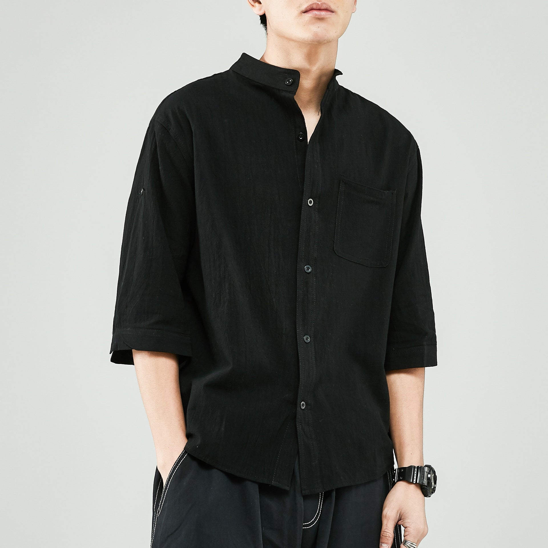  Camicia da uomo - miscela di cotone in lino - Fit rilassato - collare a banda - 7/8 manica casual-3