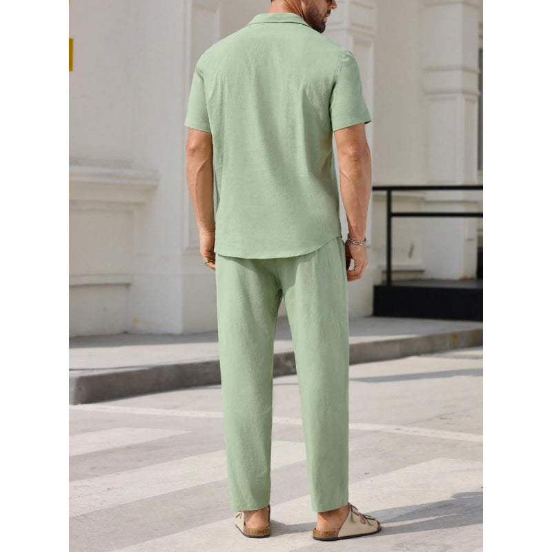  Set a due pezzi maschili-miscela di lino-Fit rilassato-camicia a V e pantaloni a figura intera-2