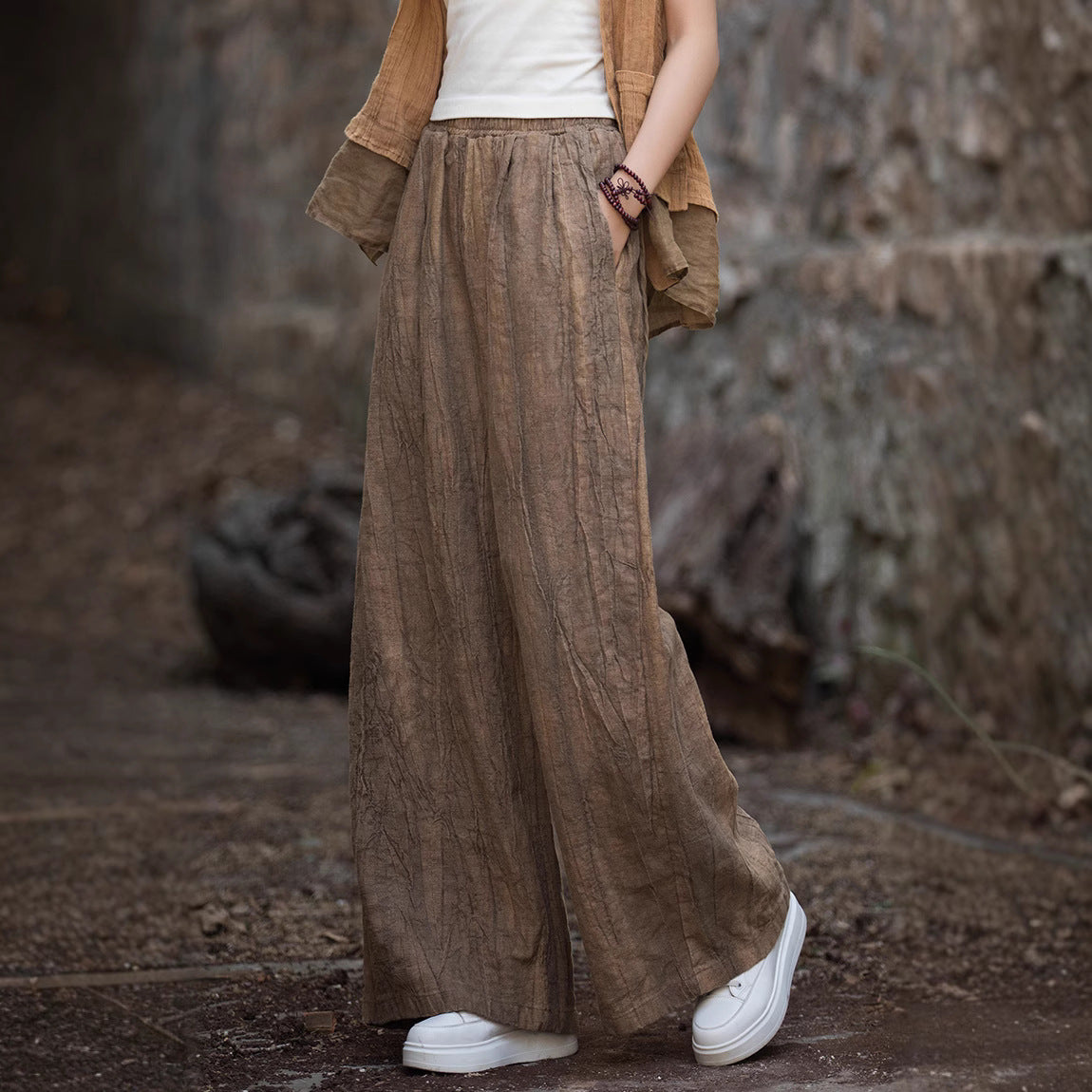  Pantaloni da donna a gamba-miscela di cotone in lino-Fit rilassato-stile casual in cintura elastica-1