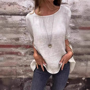  T-shirt femminile-Miscela di lino-Fit allentata-manica corta-stile curvo casual stile-5
