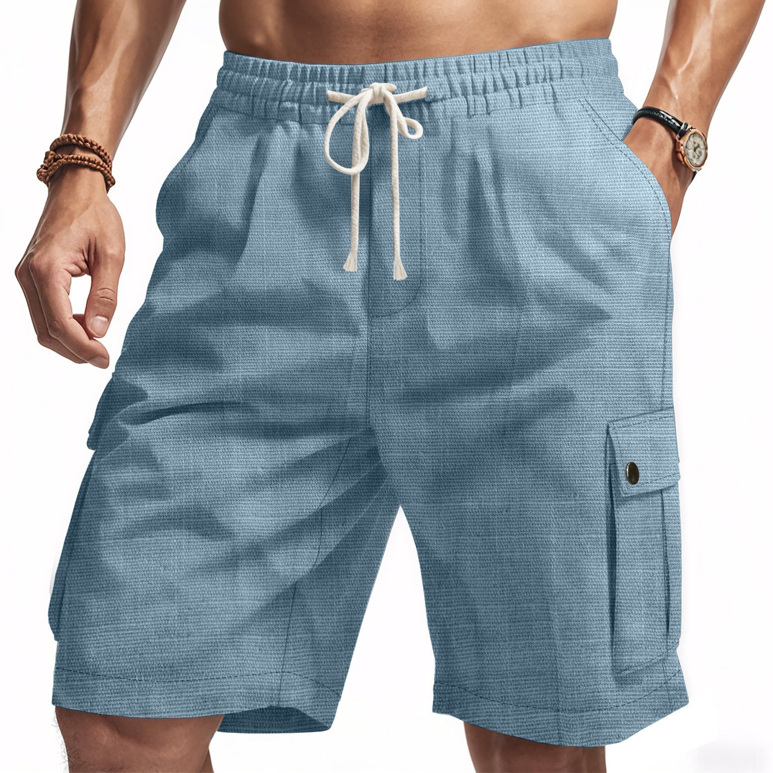  Shorts da carico maschile - lino di bambù - Fit rilassato - vita elastica - Multi tasca-4