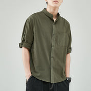  Camicia da uomo - miscela di cotone in lino - Fit rilassato - collare a banda - 7/8 manica casual-2