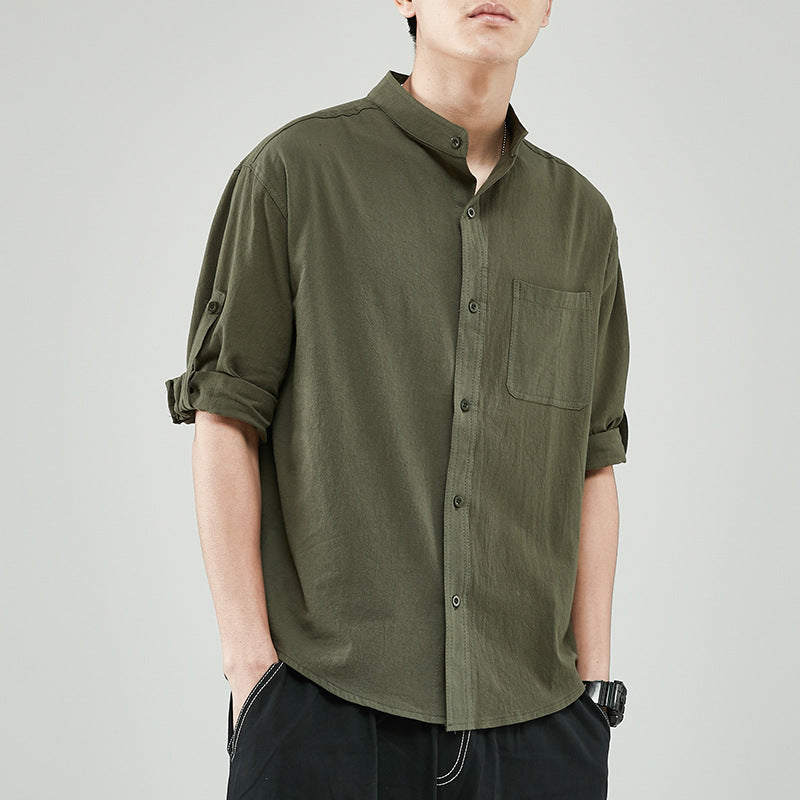 Camicia da uomo - miscela di cotone in lino - Fit rilassato - collare a banda - 7/8 manica casual-2