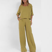  Set a due pezzi da donna-Blend di lino-Fit rilassato-Pantaloni top e gamba a manica corta-3