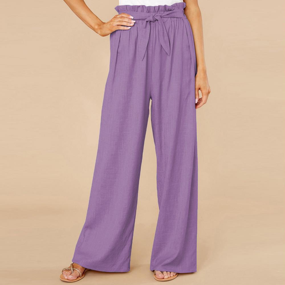 Pantaloni palazzo viola da donna con vita alta arricciata e cintura, moda estiva elegante, tessuto leggero, perfetti per look casual e chic.
