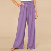 Pantaloni palazzo viola da donna con vita alta arricciata e cintura, moda estiva elegante, tessuto leggero, perfetti per look casual e chic.
