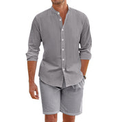  Set a due pezzi maschili-Blend di lino-Fit rilassato-Shirt abbottonato e pantaloncini a metà coscia-4