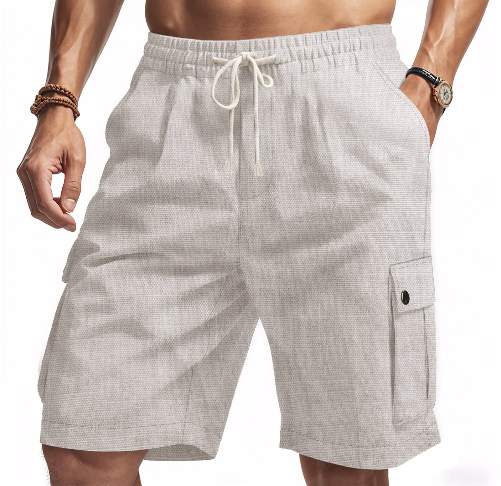  Shorts da carico maschile - lino di bambù - Fit rilassato - vita elastica - Multi tasca-1