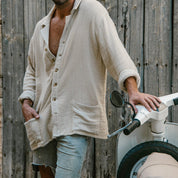  Camicia abbottonatura da uomo-miscela di lino di cotone-Fit rilassato-manica lunga casual-5