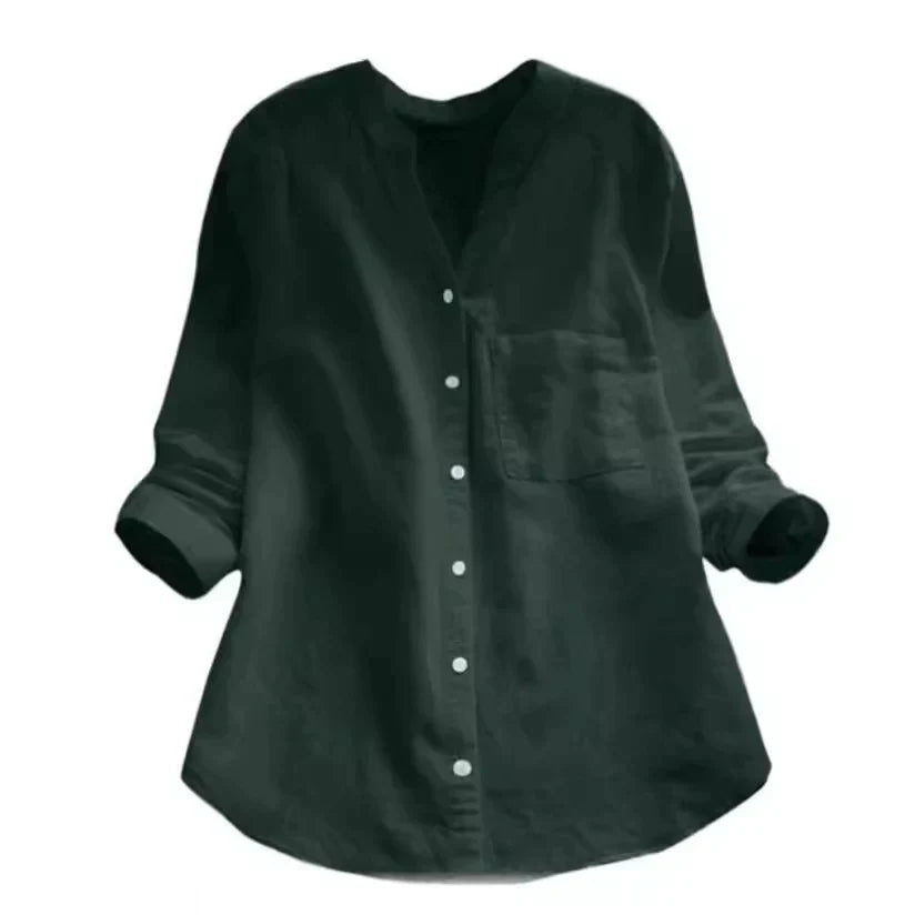 Camicia donna nera, maniche lunghe, bottoni bianchi, tasca frontale, stile casual, tessuto leggero, ideale per look quotidiani eleganti.