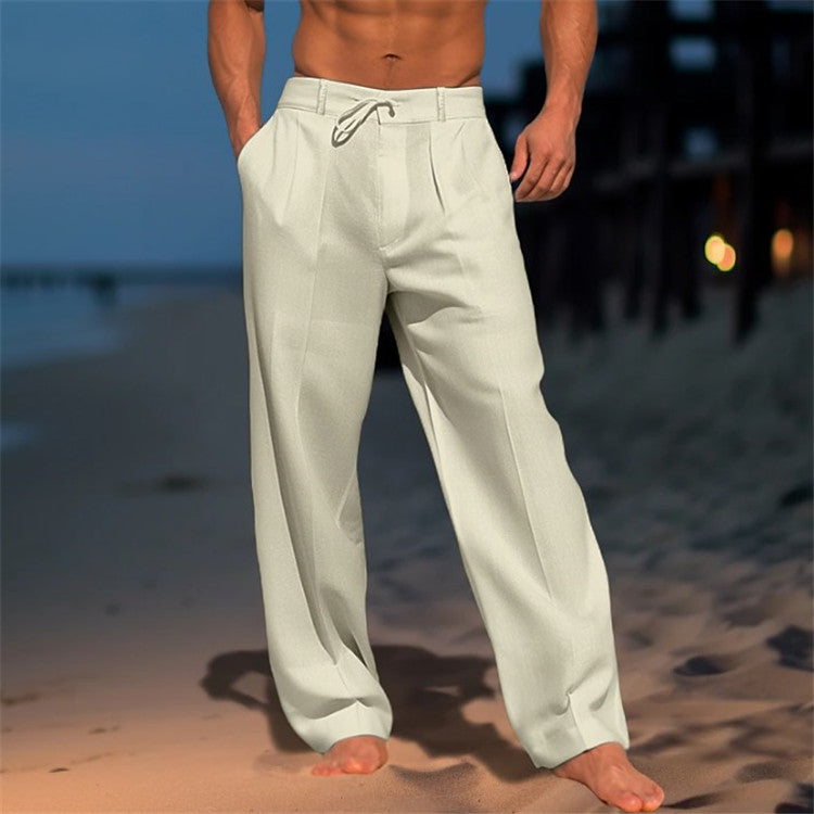  Pantaloni di lino maschile - vestibilità rilassata - vita coulisse - anteriore pieghettata - full long-3