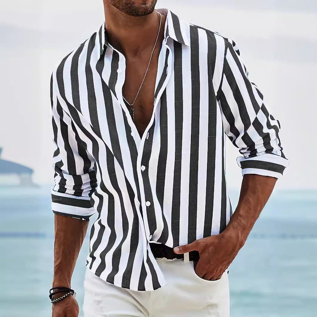  Camicia da uomo a manica lunga-miscela di lino di cotone-Fit rilassato-casual a strisce abbottonate-5