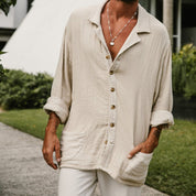  Camicia abbottonatura da uomo-miscela di lino di cotone-Fit rilassato-manica lunga casual-4