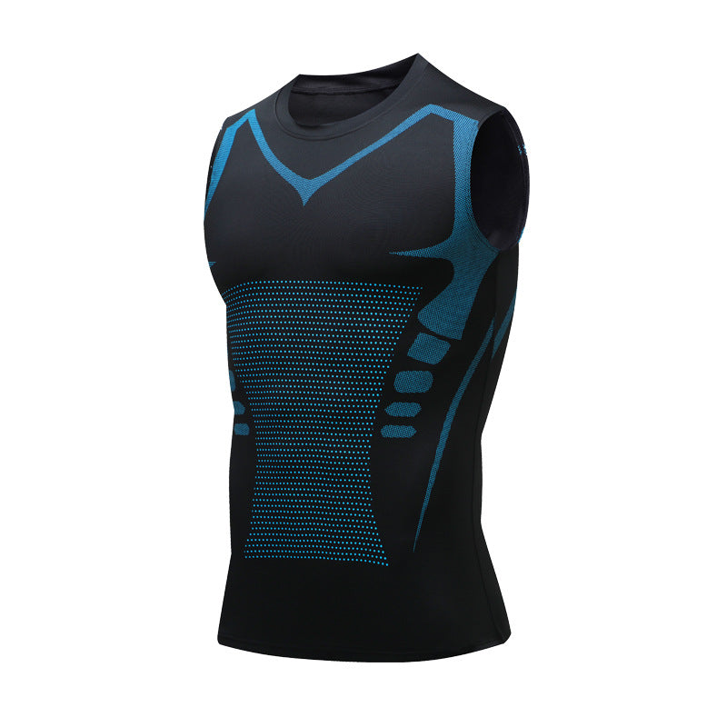 Canotta sportiva nera senza maniche, design ergonomico con dettagli blu, tessuto traspirante, ideale per allenamento e fitness.