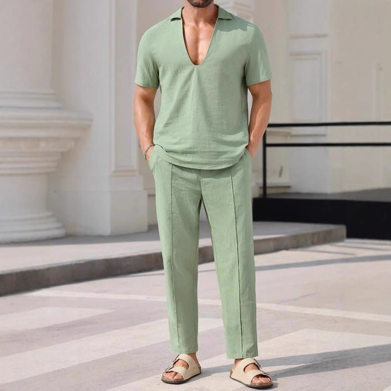  Set a due pezzi maschili-miscela di lino-Fit rilassato-camicia a V e pantaloni a figura intera-1