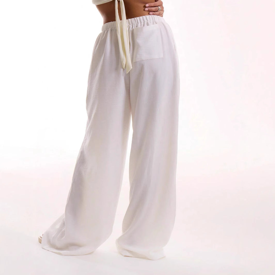  Pantaloni a gamba femminile-miscela di lino-Fit rilassato-vita coulisse-full long-1