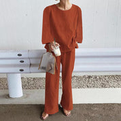  Set a due pezzi femminili-miscela di lino-vestito rilassato-top manica lunga-pantaloni a gamba larga-5