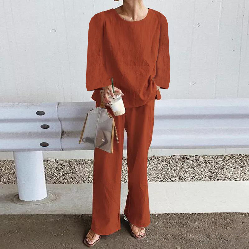  Set a due pezzi femminili-miscela di lino-vestito rilassato-top manica lunga-pantaloni a gamba larga-5