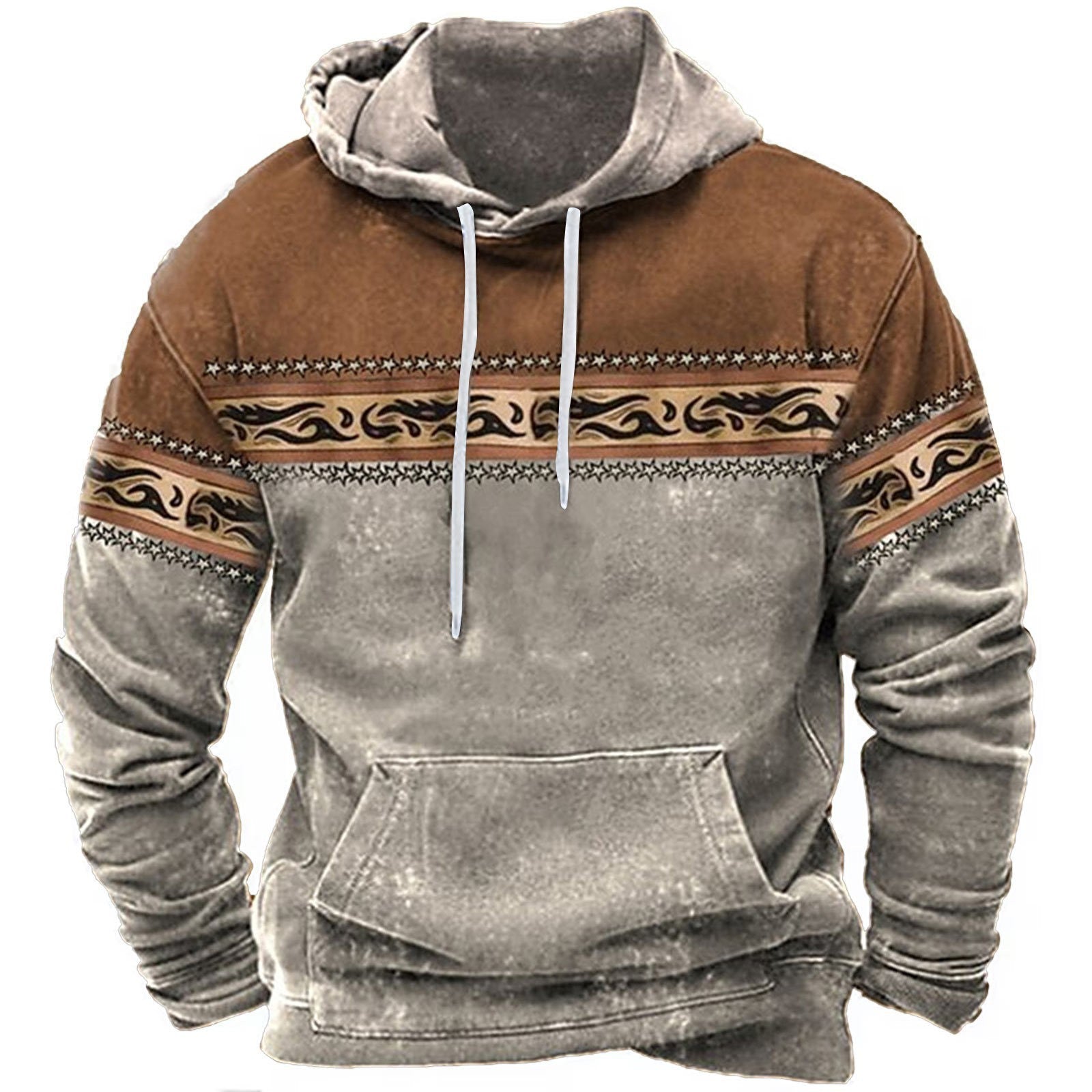 Felpa con cappuccio invernale, design etnico, colori marrone e grigio, tasca frontale, ideale per moda casual e abbigliamento caldo.