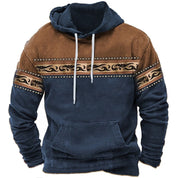 Felpa con cappuccio uomo, design etnico, colori blu e marrone, tasca frontale, cordini bianchi. Stile casual, moda autunno inverno.