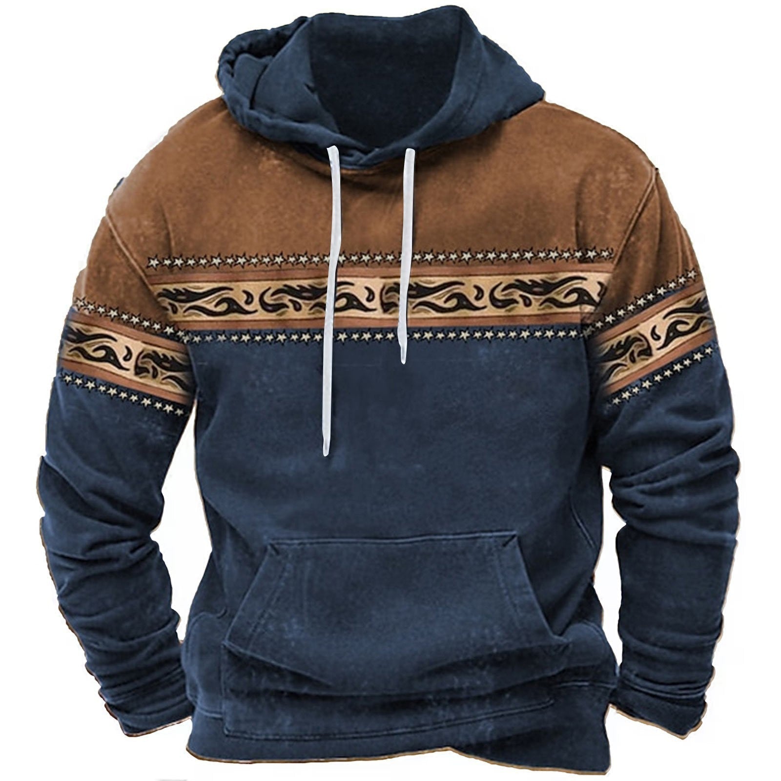 Felpa con cappuccio uomo, design etnico, colori blu e marrone, tasca frontale, cordini bianchi. Stile casual, moda autunno inverno.