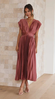 Elegante Abito Lungo Plissettato con Scollo a V e Delicato Fiocco Dietro