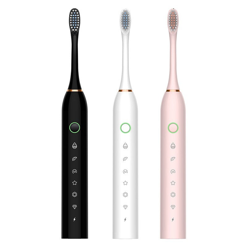 Spazzolini elettrici sonici in tre colori: nero, bianco e rosa. Design moderno, pulsanti multifunzione, setole delicate. Ideali per igiene orale avanzata.