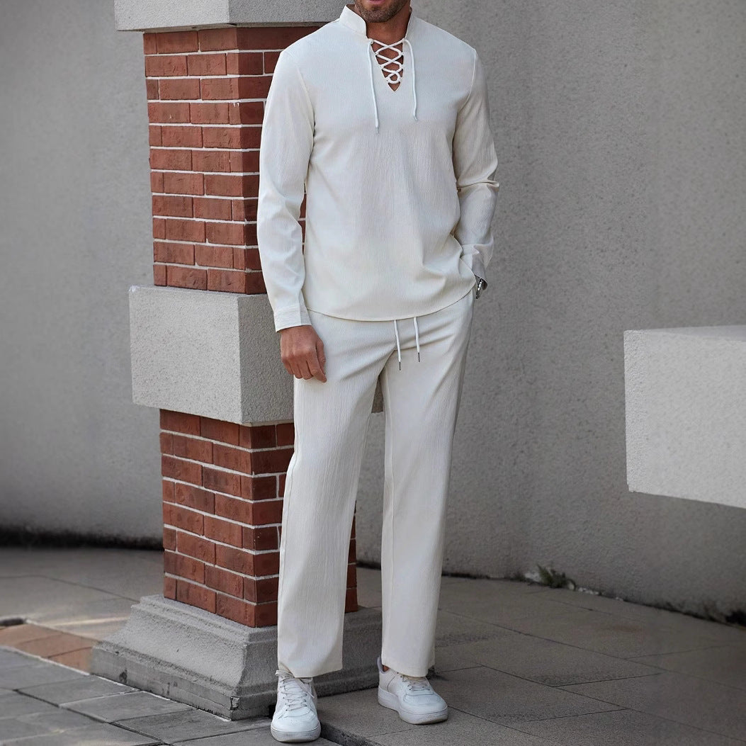  Shirt Henley maschile-miscela di lino di cotone-petto allacciato-Fit rilassato-Collar a banda-5