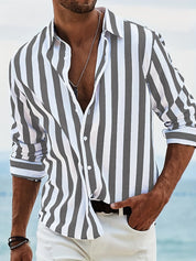  Camicia da uomo a manica lunga-miscela di lino di cotone-Fit rilassato-casual a strisce abbottonate-6