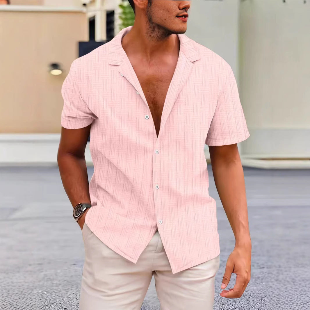  Camicia da uomo a maniche corte-Blend di lino di cotone-Fit classico-Stile casual abbottonato-3