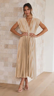 Elegante Abito Lungo Plissettato con Scollo a V e Delicato Fiocco Dietro