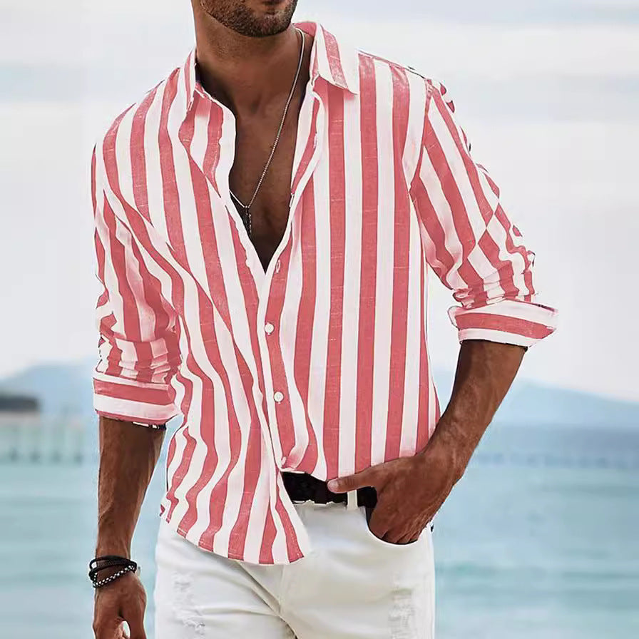  Camicia da uomo a manica lunga-miscela di lino di cotone-Fit rilassato-casual a strisce abbottonate-3