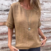  T-shirt femminile-Miscela di lino-Fit allentata-manica corta-stile curvo casual stile-6