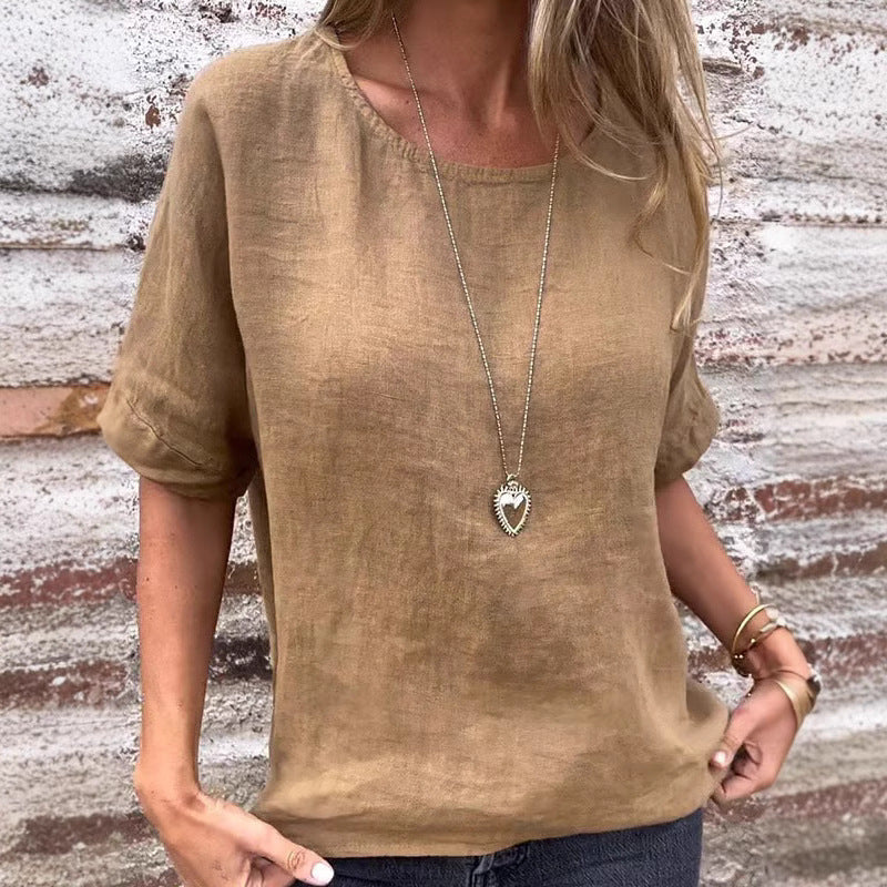  T-shirt femminile-Miscela di lino-Fit allentata-manica corta-stile curvo casual stile-6