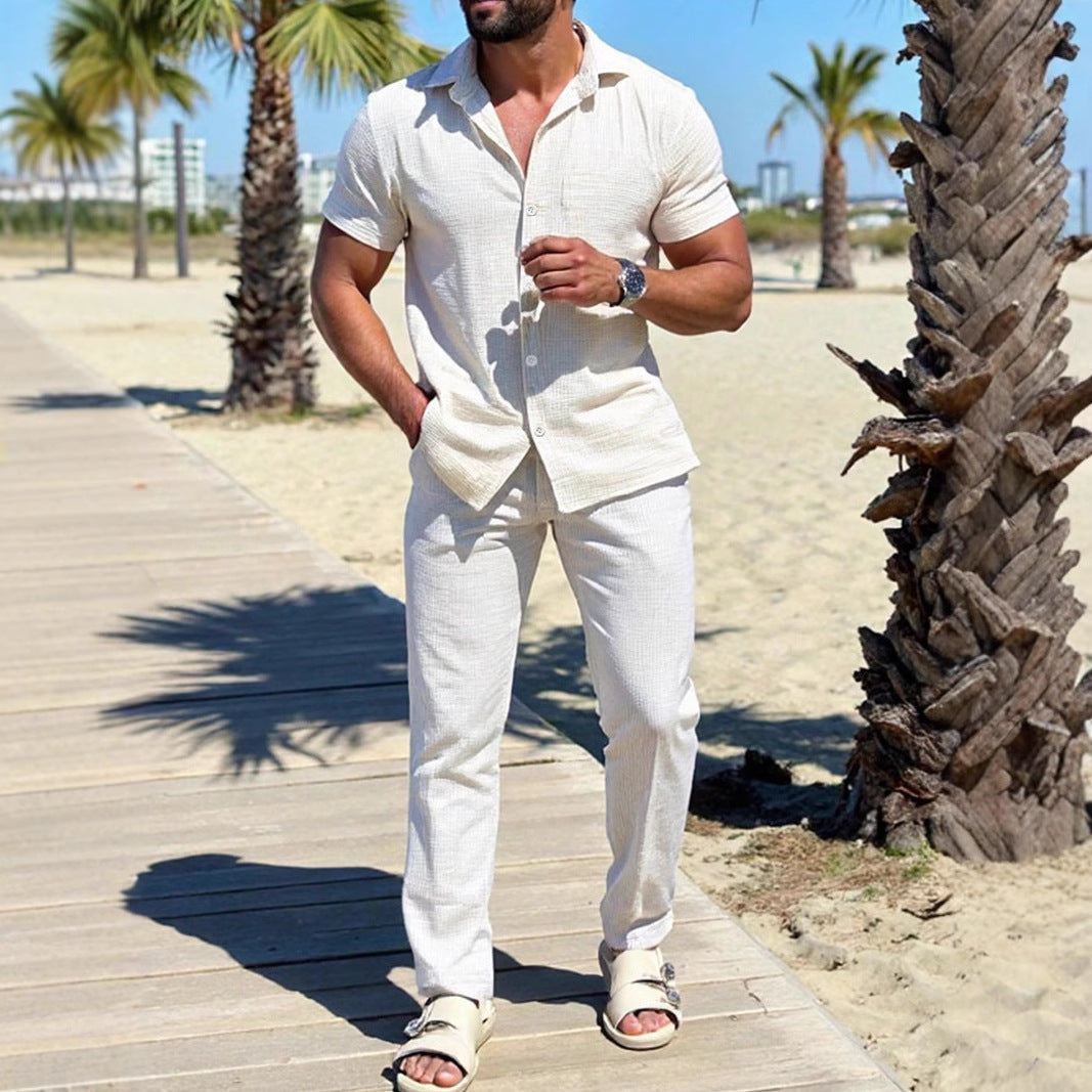  Camicia casual maschile - miscela di lino di cotone - adattamento regolare - manica corta - anteriore bottone-2