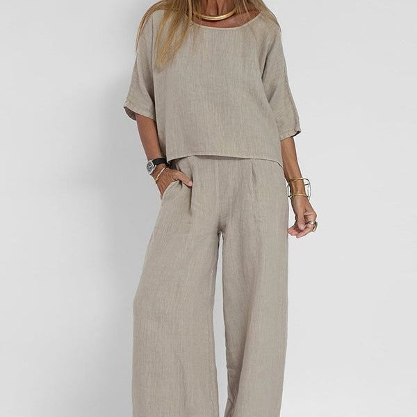  Set a due pezzi da donna-Blend di lino-Fit rilassato-Pantaloni top e gamba a manica corta-1