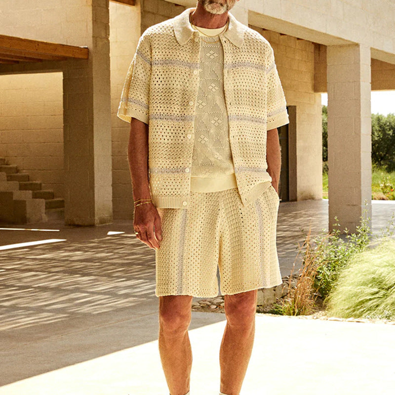  Set di cardigan e pantaloncini da uomo - Fit rilassato - Open Rope - Abbigliamento per il tempo libero traspirante-3