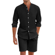  Set a due pezzi maschili-Blend di lino-Fit rilassato-Shirt abbottonato e pantaloncini a metà coscia-5
