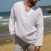  Camicia da uomo di lino-vestito rilassato-scollo a V-manica lunga-abbigliamento casual traspirante-5
