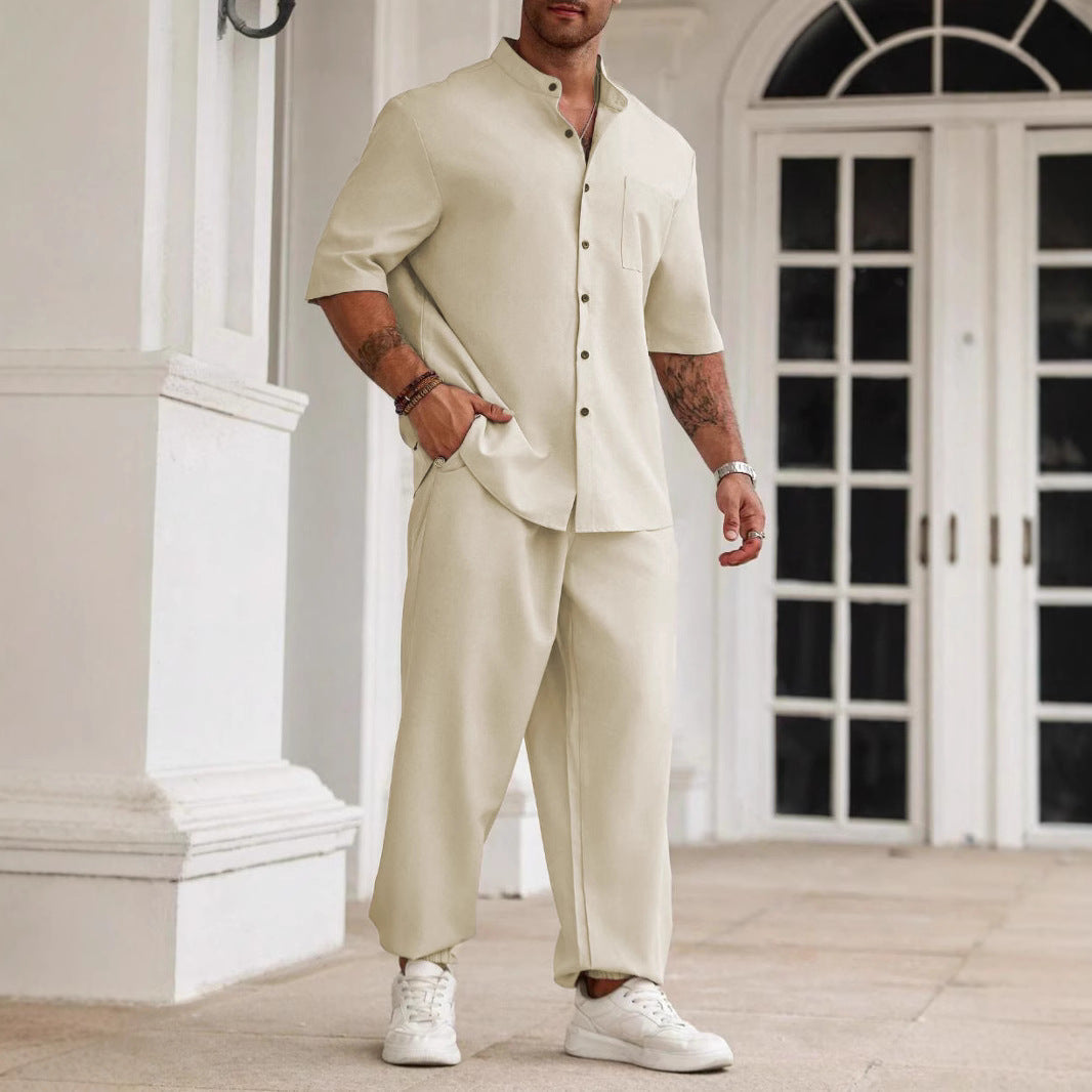  Set casual maschile - miscela di lino di cotone - Fit rilassato - camicia a maniche corte e pantaloni-5