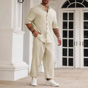  Set casual maschile - miscela di lino di cotone - Fit rilassato - camicia a maniche corte e pantaloni-5