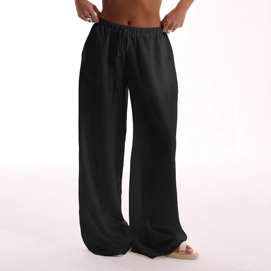  Pantaloni a gamba femminile-miscela di lino-Fit rilassato-vita coulisse-full long-3