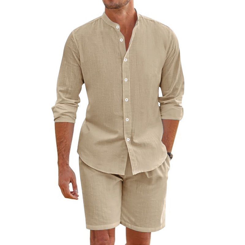  Set a due pezzi maschili-Blend di lino-Fit rilassato-Shirt abbottonato e pantaloncini a metà coscia-2