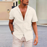  Camicia da uomo a maniche corte-Blend di lino di cotone-Fit classico-Stile casual abbottonato-4