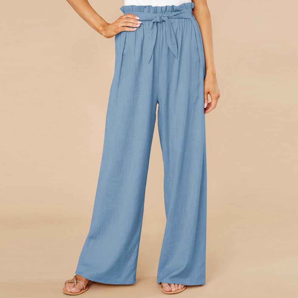 Pantaloni palazzo blu donna, vita alta con cintura, tessuto leggero, moda estiva casual, eleganti e comodi, perfetti per ogni occasione.